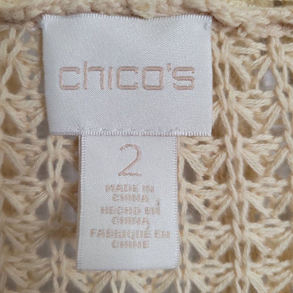 Chico's 2 Size L Cardigan Open Leslie Lace Front Long Jacket Cotton Blend Beige - Picture 4 of 10
